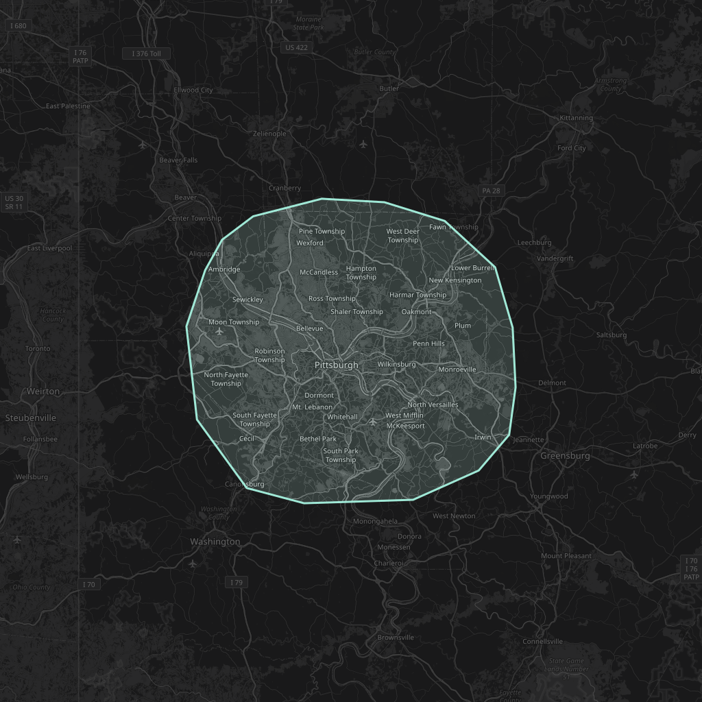 Map of the playable area in Pittsburgh